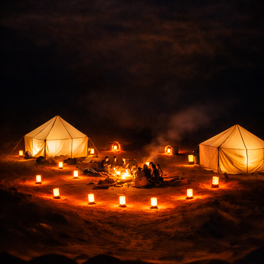 Desert camp at sunset