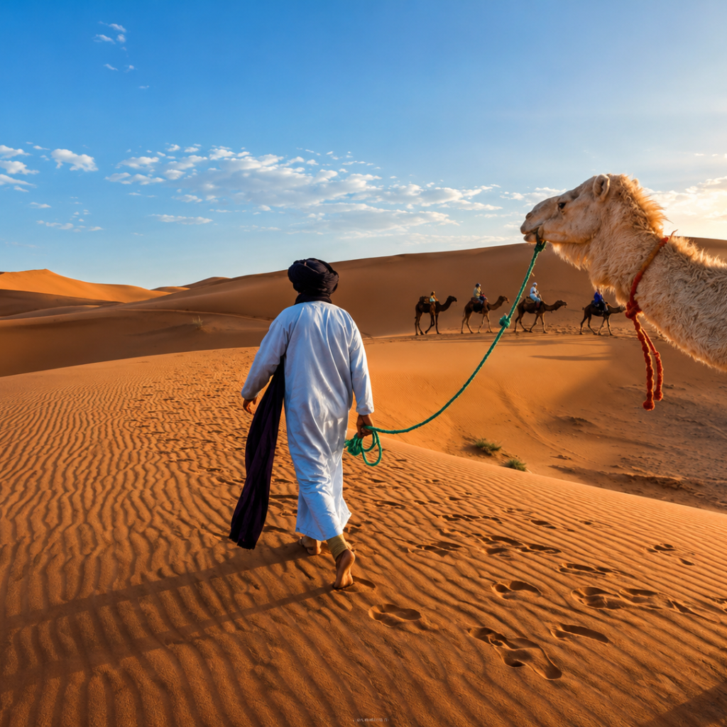 A camel and local guide walking across rippled golden sand dunes in Erg Chigaga, Morocco, with a camel caravan in the distance beneath a partly cloudy blue sky.