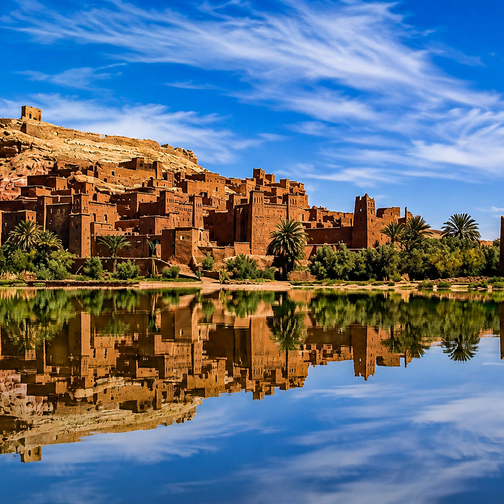 Historic Aït Ben Haddou kasbah village in Morocco with red earthen buildings, palm trees, a rocky hillside, and a clear reflection in the water.